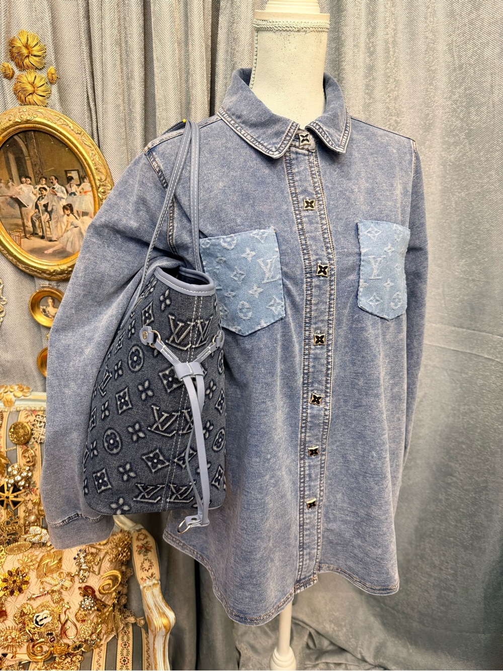 Upcycled Monogram Accent Knit Denim Button-Down Shirt